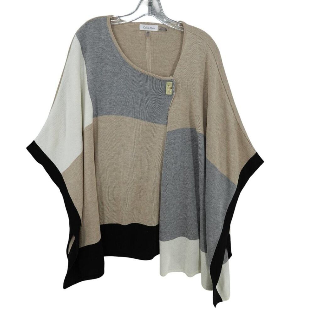 Calvin Klein Black Tan Colorblock Gold Accent Poncho Sweater
